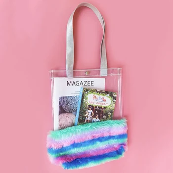 

1 PC Girls Plush Rainbow Shoulder Bag Women Transparent Totes Handbag Beach Bag Korea Fashion Women Travel Shopping Bag
