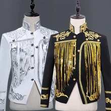 Золотой блейзер с кисточками и блестками, куртки для мужчин, однобортный мужской черный костюм, сценический Выпускной свадебный блестящий пиджак, Homme Singer, костюмы DT1496