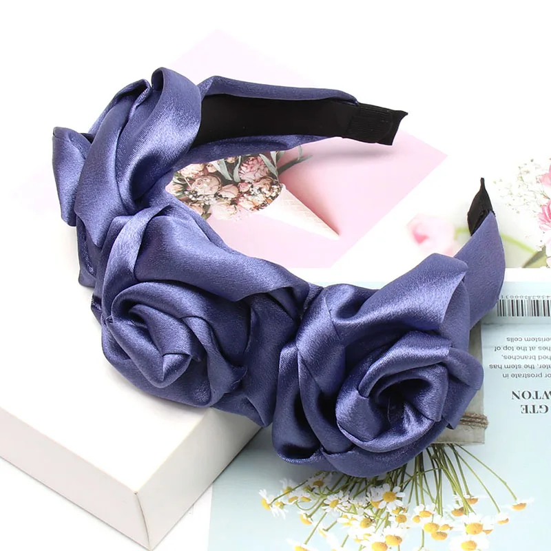Navy Satin Модный однотонный шифоновый цветочный ободок с розами для женщин и девушек, элегантные повязки для волос невесты, аксессуары для волос, ободок для волос, вечерние ободки для волос - Цвет: Navy Satin