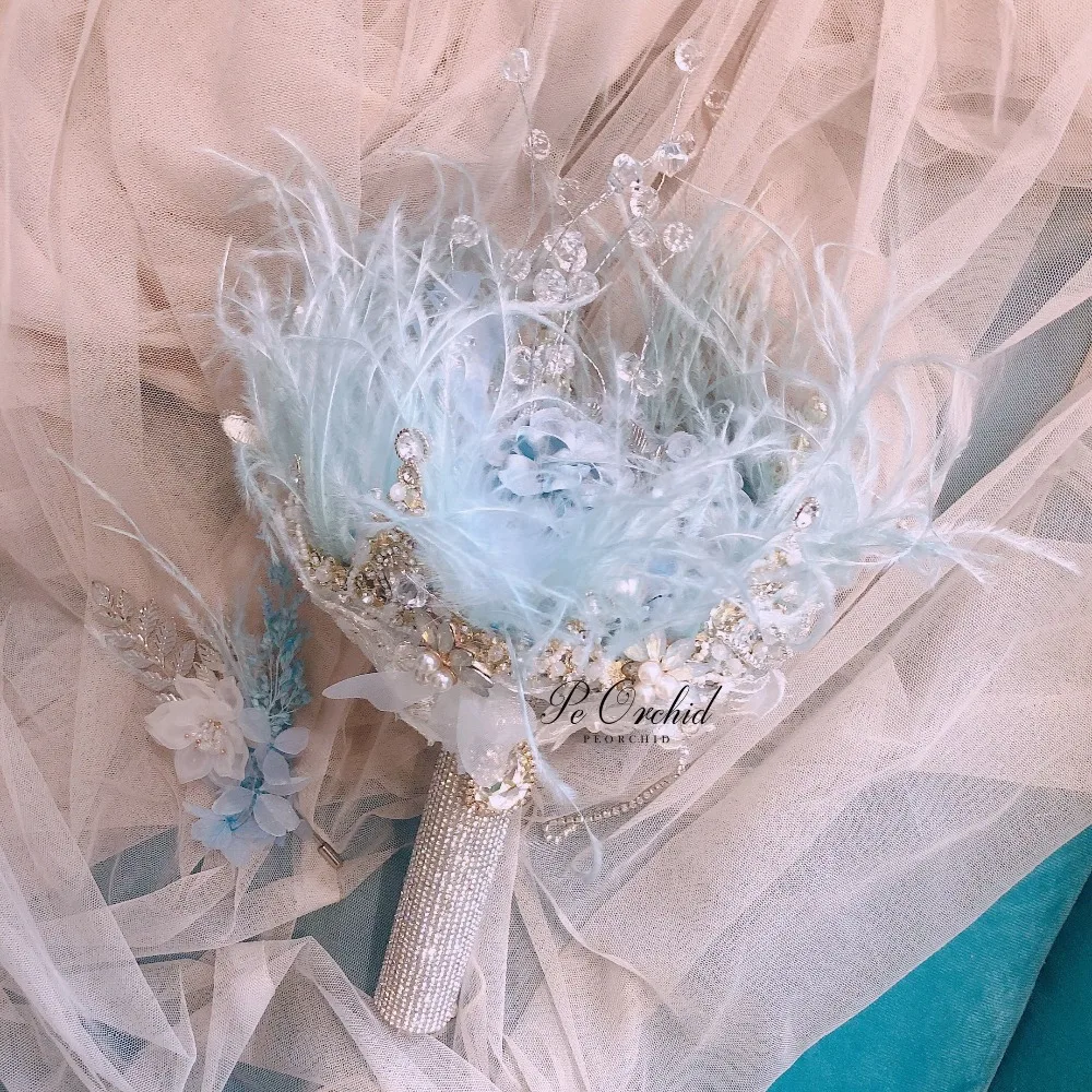 PEORCHID хрустальные перья ручной работы Свадебный букет Роскошная голубая свадебная брошь букет Европейский Алмазный корона цветы букет