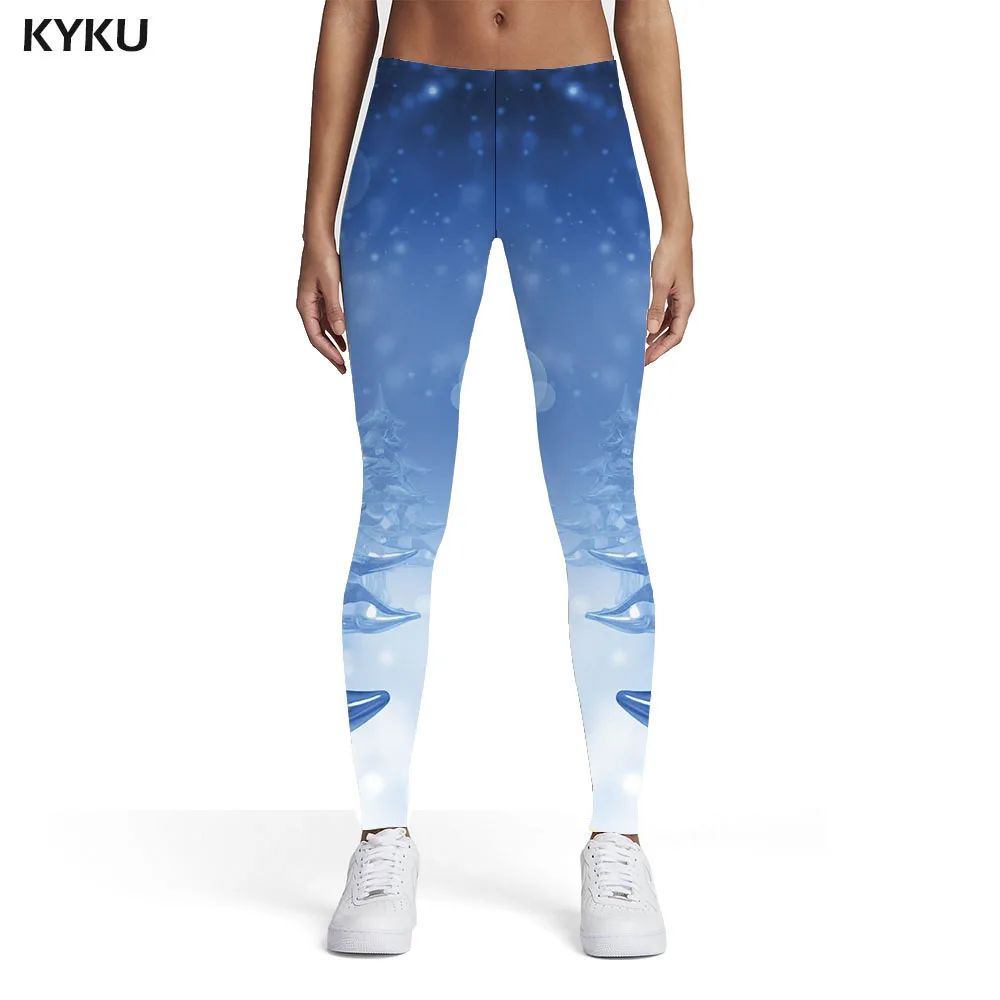 

KYKU Christmas Leggings Women New Year Printed pants Christmas Tree 3d Print Blue Sport Womens Leggings Pants Fitness Jeggins
