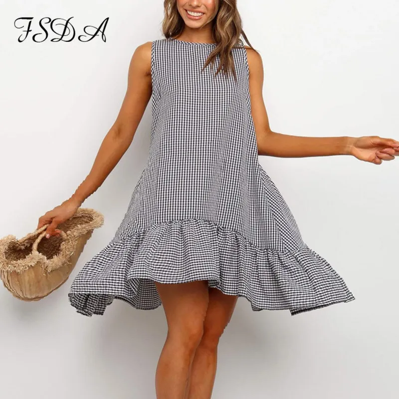 Женское пляжное мини-платье с круглым вырезом FSDA свободное платье открытыми