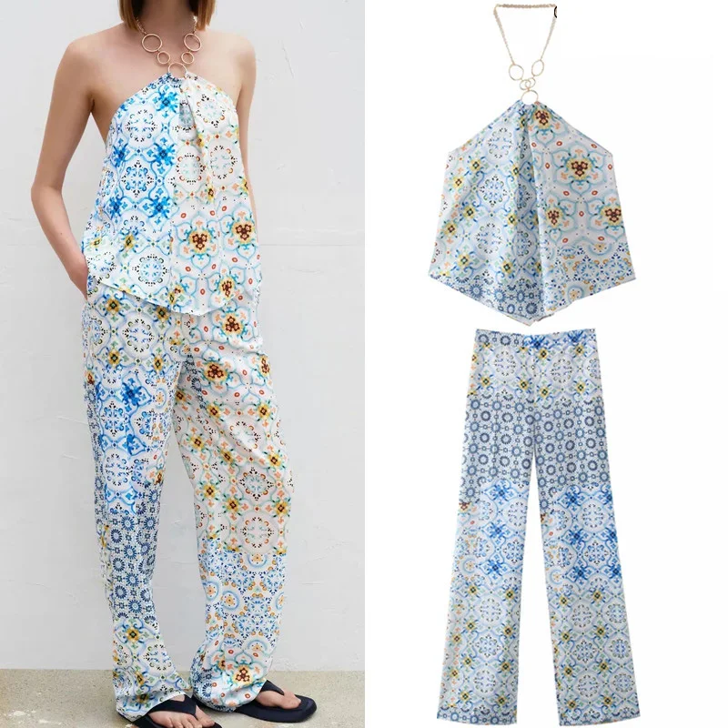 Tarf za conjuntos de mulheres retalhos cabresto colheita conjunto superior mulher 2 peças sem encosto verão terno perna larga altura calças cintura conjuntos outfits