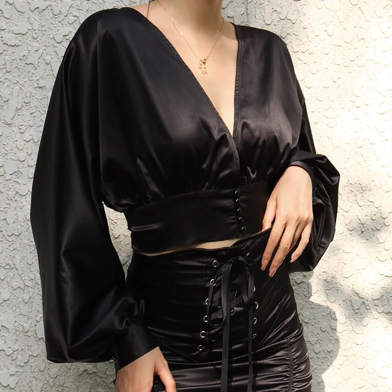 Black Gothic Women Blouse 2020 Autumn Lady Deep-v-neck Sexy Buckle Lantern-long-sleeve Blouse Goth Hipster Cool Short-length Top