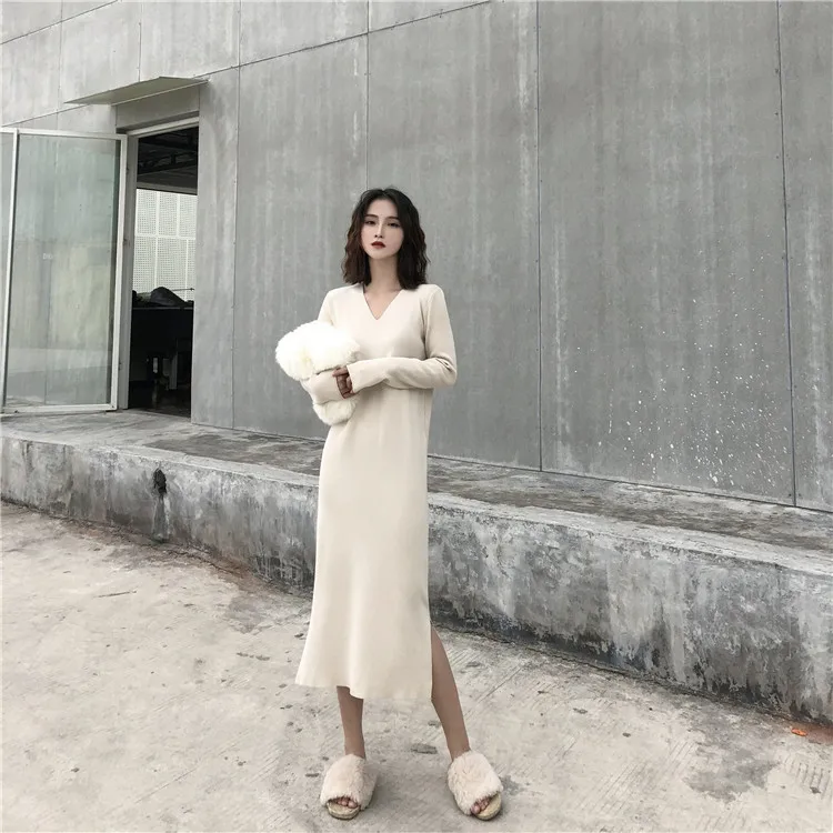 Негабаритный корейский вязаный длинный v-образный Вырез Свободный Боковой разрез свитера платье Женская мода осень зима однотонный длинный свитер