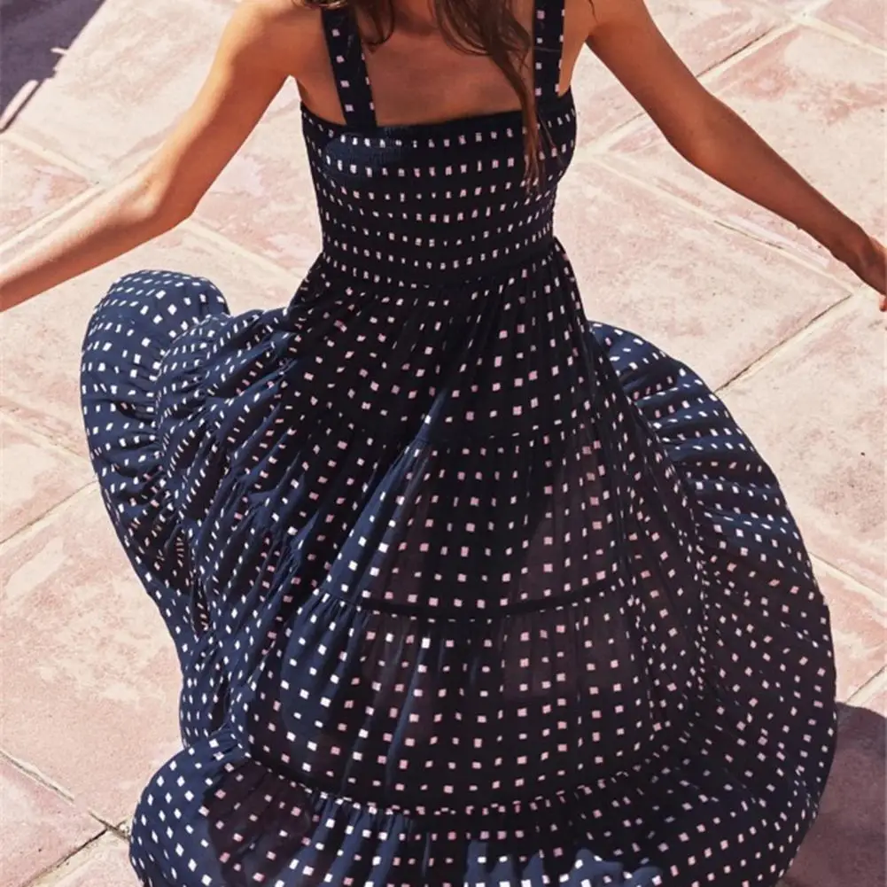 

2 Colors Elegent Bohemian Midi Sling Tube Top Dress Printing Sleeveless Black Dots Loose Summer Tight Waist Women Dress
