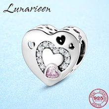 Модные 925 пробы Серебряное пустое сердце прозрачные и розовые CZ бусины подходят для женщин Pandora Браслеты Ожерелья DIY серебряные ювелирные изделия