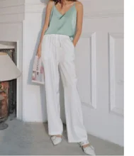 Yitimoky-pantalones de seda satinada para mujer, pantalón holgado de pierna ancha con cordón para oficina, blanco, de talla grande, negro, elásticos, de cintura alta, 2021