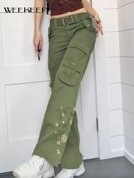 Weekeep harajuku cinto jeans flor bordado calças de carga de cintura alta multi bolso retalhos vintage roupas femininas outono 2021