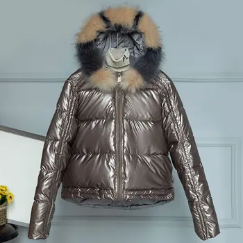 

Women Short Detachable Fur Collar Glossy Hooded Oversize Winter Down Coat Student Thick Warm Jacket Cotton Padded Wadded Parkas