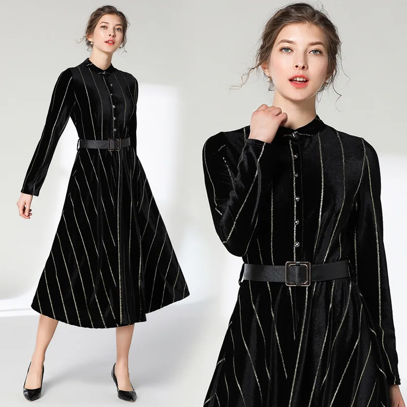 

2018 Autumn New Style Europe And America Long Sleeve Fashion Elegant Debutante Bright Velvet A- line Mid-length Waist Hugging Dr