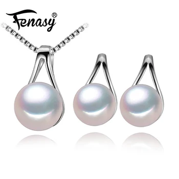 

FENASY 925 Sterling Silver Jewelry Sets Natural Pearl Stud Earrings Custom Classic Office Pendant Chain Necklace For Women