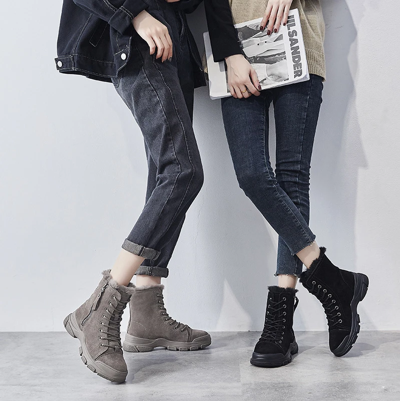 Женские ботильоны с высоким берцем Ins зимние теплые меховые ботинки кроссовки на