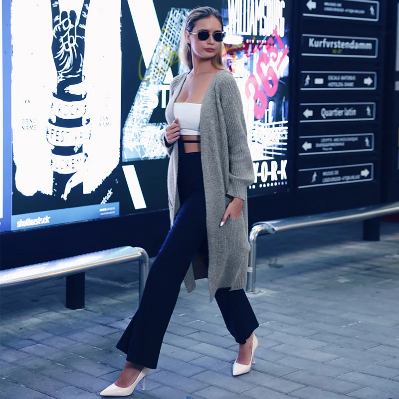 

ALLNeon Fashion Ladies Long Cardigans Solid Pocket Hem Slit Long Sleeve Knitted Cardigan Oversized Sweater Kardigan Autumn 2019