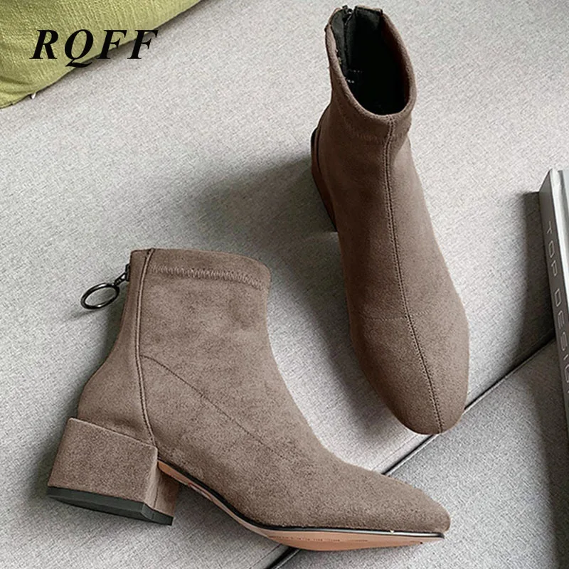 

2019 Chelsea Ankle Boots Women Autumn Winter Women's Shoes for Brown Black Gray Flock Solid Back Zip Block Heel Boot Big Size 43