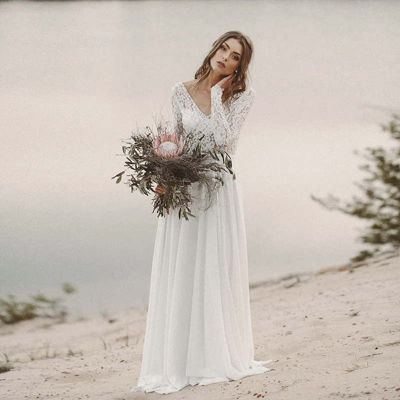 

2020 Sexy V-Neck Long Sleeves A-Line Wedding Dresses Chiffon Bohemia Bridal Gowns Bohe Spring Backless Custom Plus Size