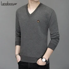 Теплые бархатные новые модные брендовые свитера мужские пуловеры с v-образным вырезом облегающие вязаные Джемперы Осенняя повседневная мужская одежда в Корейском стиле