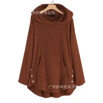 

Mferlier Women Fleece Hoodie Solid Long Sleeve Pockets Decorated Buttons Irregular Hem Big Sizes Winter Thermal Ladies Hoodies