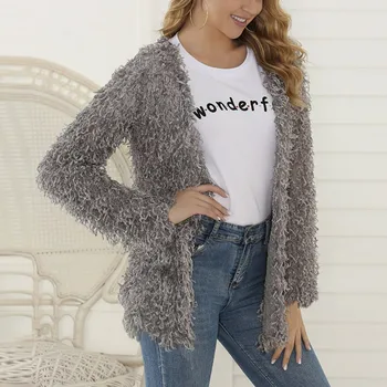 

Women Cardigan Solid Color Plush Cardigan Long Sleeve Warm Loose Sweater