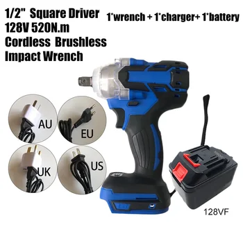 

128V 1/2inch 520Nm Ratchet Cordless Brushless Impact Wrench With Li-ion Battery US/UK/EU/AU 3600 RPM Multi Tools