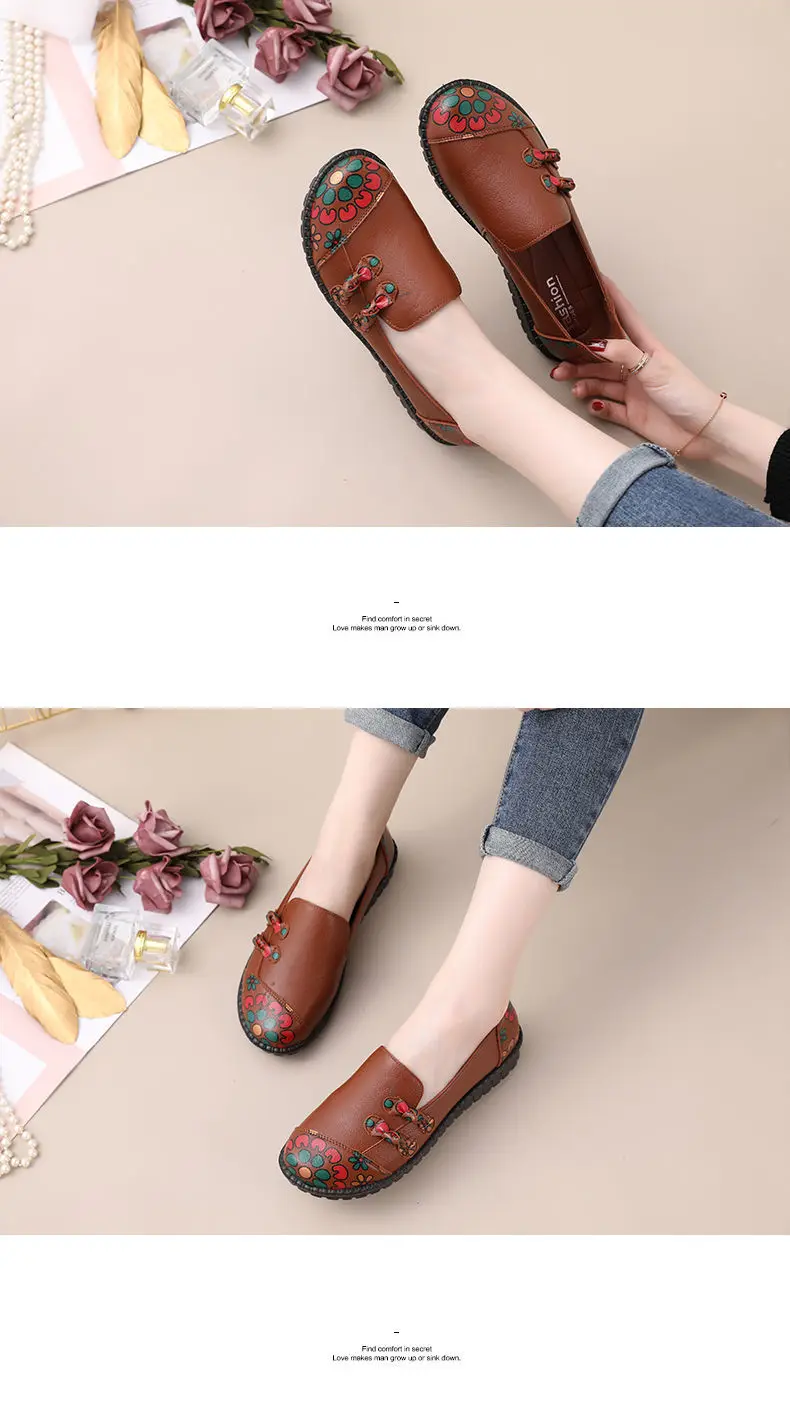 Chinese Traditional Flats Spring Leather Shoes Women's Loafers Floral Mom Fur Moccasins Ladies Woman Driving Shoes Plush Loafers