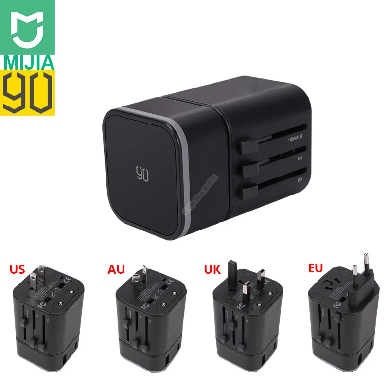 Black Многофункциональный переходник Xiaomi 90 CN/US/AU/EU/DE/UK адаптер питания для путешествий 100-240 в разъем USB type-C QC3.0 Быстрая зарядка - Цвет: Black