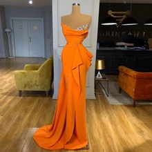 Robe de soirée élégante de forme sirène, Orange, longue, charmante, asymétrique, épaule dénudée, modèle 2021