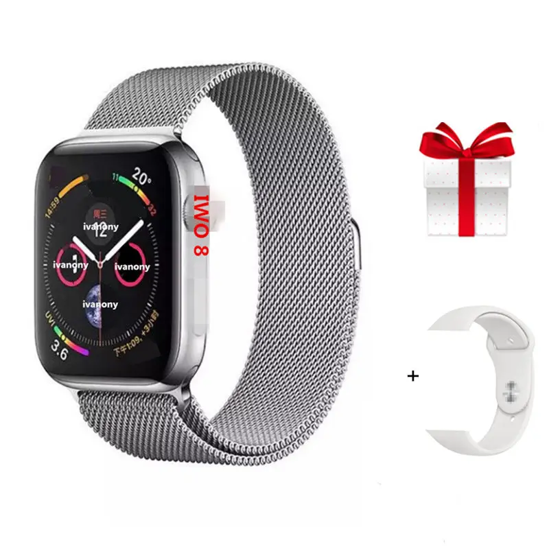 Silver IWO 8 44 мм Bluetooth Смарт-часы серии 4 1:1 MTK2502C SmartWatch Беспроводная зарядка для iOS Android сердечного ритма ECG часы+ подарок - Цвет: Silver