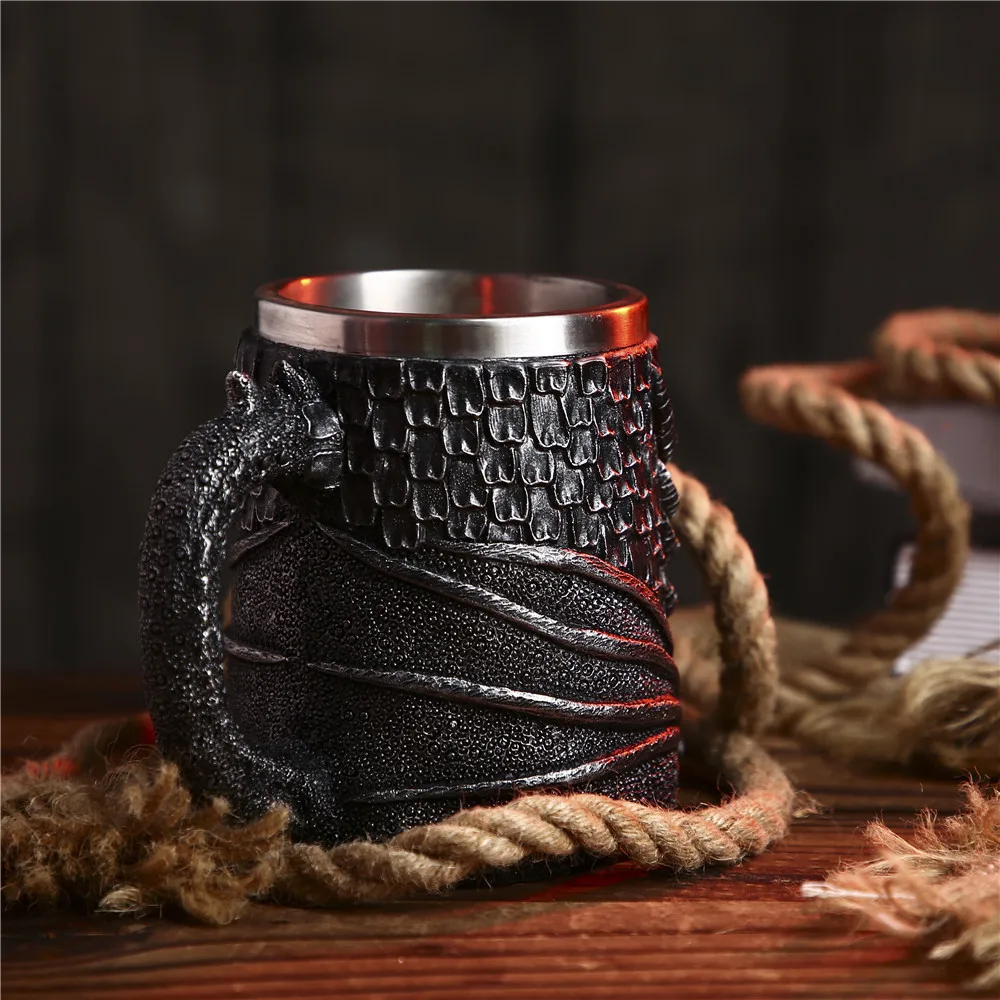 Творческий двойной из нержавеющей стали смолы дракон 3D пиво большая пивная кружка кофе чашка бокал вина Ретро дракон кружка