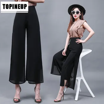

Chiffon Polyester High-Waisted Wide Leg Long Pants With Zipper Comfortable Solid Color Popular Pant For Ladies Polyester