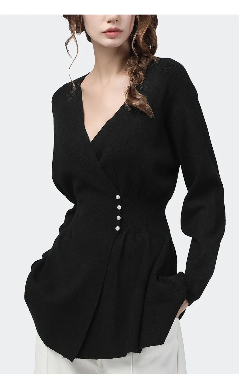 outono inverno feminino com decote em preto knitted camisola outwear pérolas cruzadas baixo cardigans manga longa fino camisolas quentes