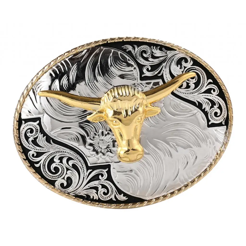 Fashion Western Belt Buckles Engraved Gold Horn Bull OX Head Rodeo Cowboy