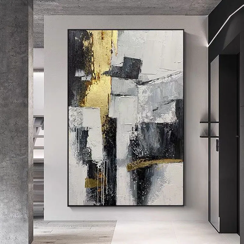 

Handmade Abstract Oil Painting Wall Art Contemporary Geometric Gold Foil Modern On Canvas Decorative For Living Room No Frame