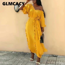 Женское Повседневное платье с коротким рукавом и v-образным вырезом, свободное Макси платье с оборками, однотонное шикарное платье с поясом, элегантное вечернее платье, Vestidos