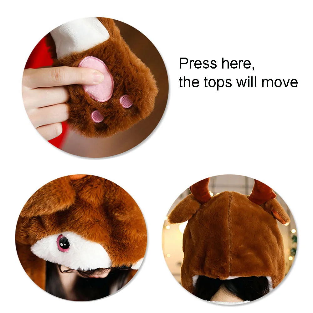 MeetLife Moving Christmas Reindeer Ears Hat Hand Pinching Ear To Move Santa Claus Beard Cap Funny Gift for Women Kids Plush 5