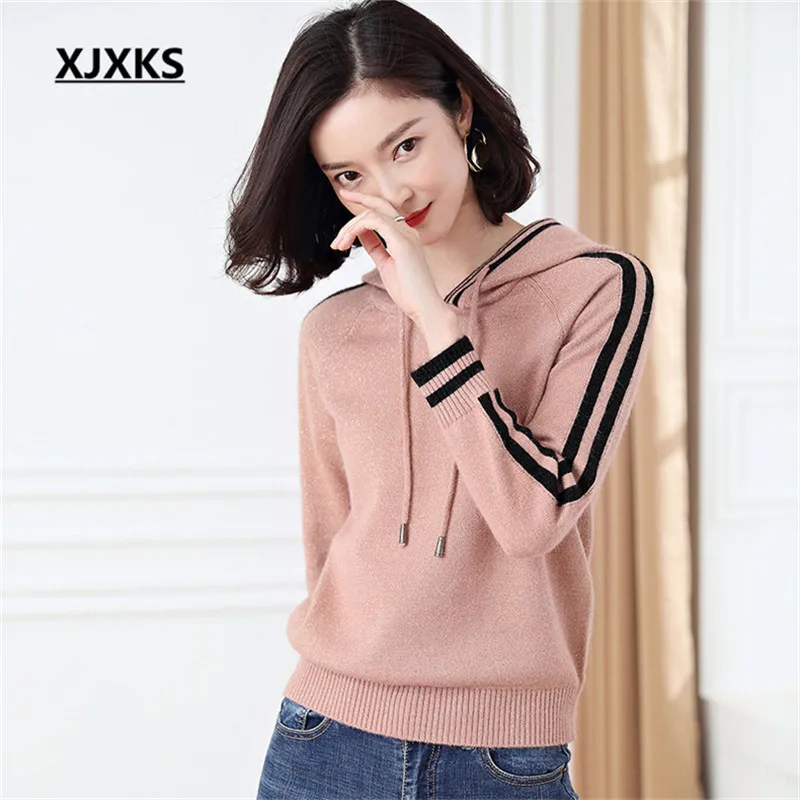 

XJXKS Fashion hooded women's sweater 2019 autumn winter new comfortable thin cashmere knitted sweater women's pullover