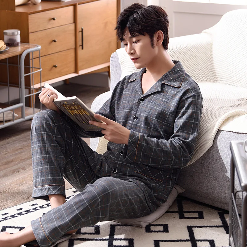

New Products Autumn & Winter Pajamas Men's Pure Cotton Cardigan Fold-down Collar Simple Pattern Loose-Fit Plus-sized Men Househo