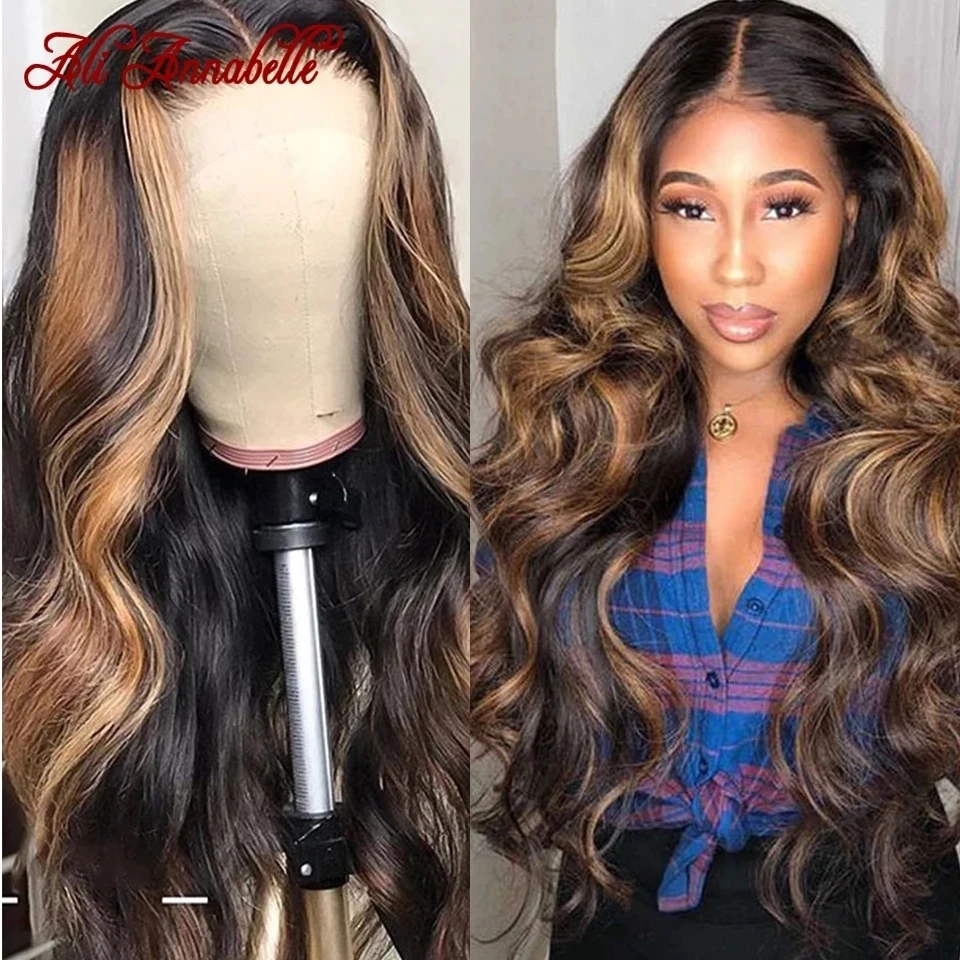 Hot Item Highlight Wigs Human-Hair-Wigs Lace-Frontal Honey-Blonde Ali-Annabelle 4x4 Closure Ombre Brown Vy8KDD0zV