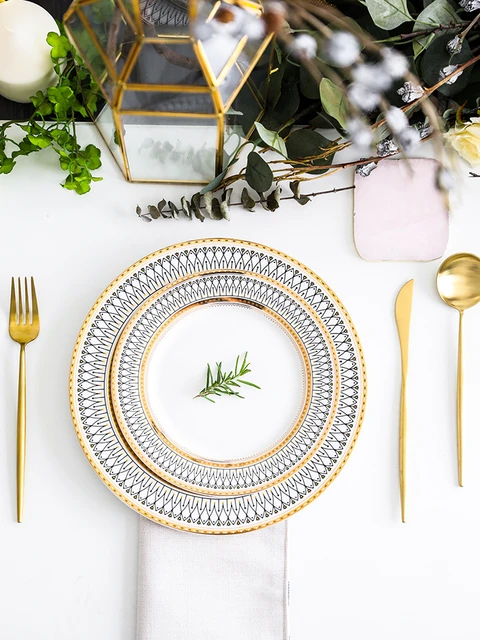 Ensembles d'assiettes dorées pour fête de mariage, vaisselle de