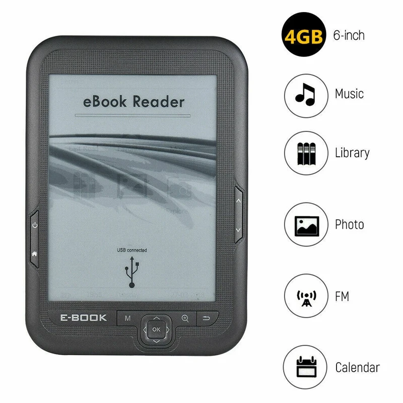 ABHU-6 Inch 4GB Ebook Reader E-Ink Capacitive E Book Light Eink Screen E-Book E-Ink E-Reader MP3 with Case, WMA PDF HTML