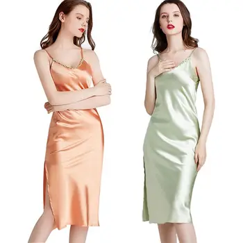

Women Imitation Silk Midi Nightgown Sleeveless V-Neck Full Slip Thin Nightdress M6CD