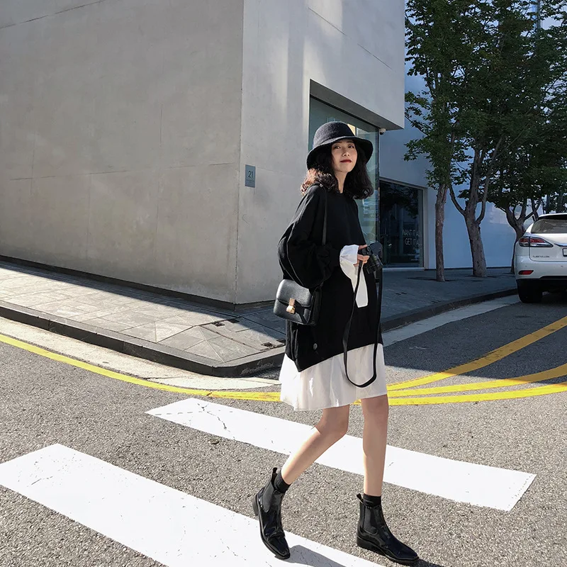 

Mock Two-Piece Joint Loose-Fit Slimming Long Sleeve Pullover Hoody Dress Women's Autumn Students Sweaters Fashion