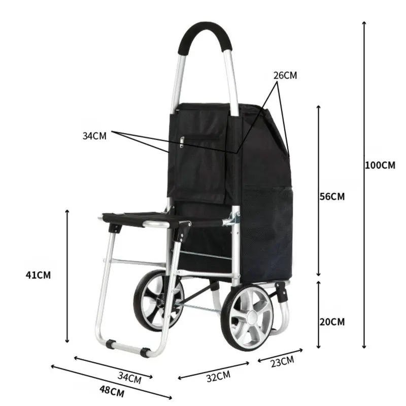 Folding Grocery Shopping Cart With Seat, 20cm Big Inflatable Wheel Portable Multi-Use Luggage Trailer