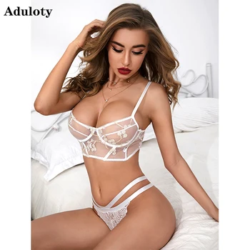 

New sexy women's lace embroidered underwear set sexy suspenders mesh see-through thin lingerie underwire gather bra thong set