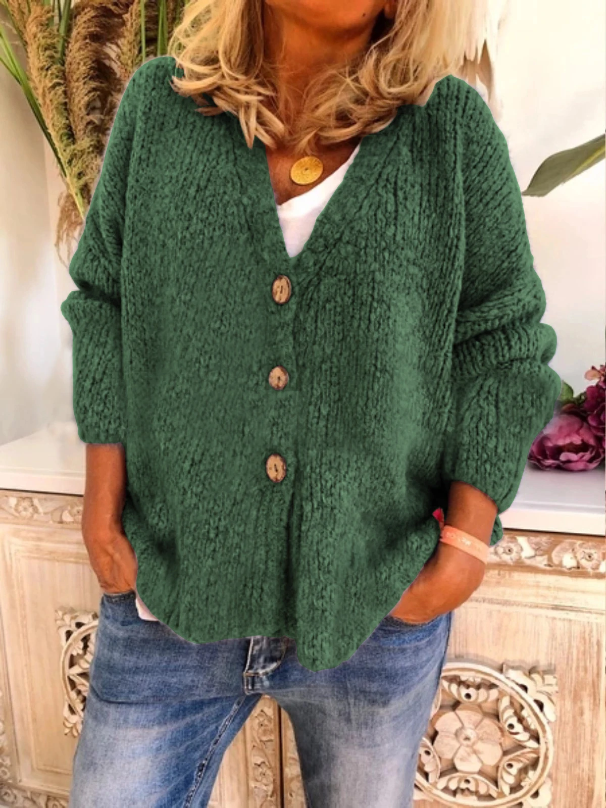 Осенне-зимний свободный свитер с длинным рукавом и пуговицами для отдыха, женская одежда, топы