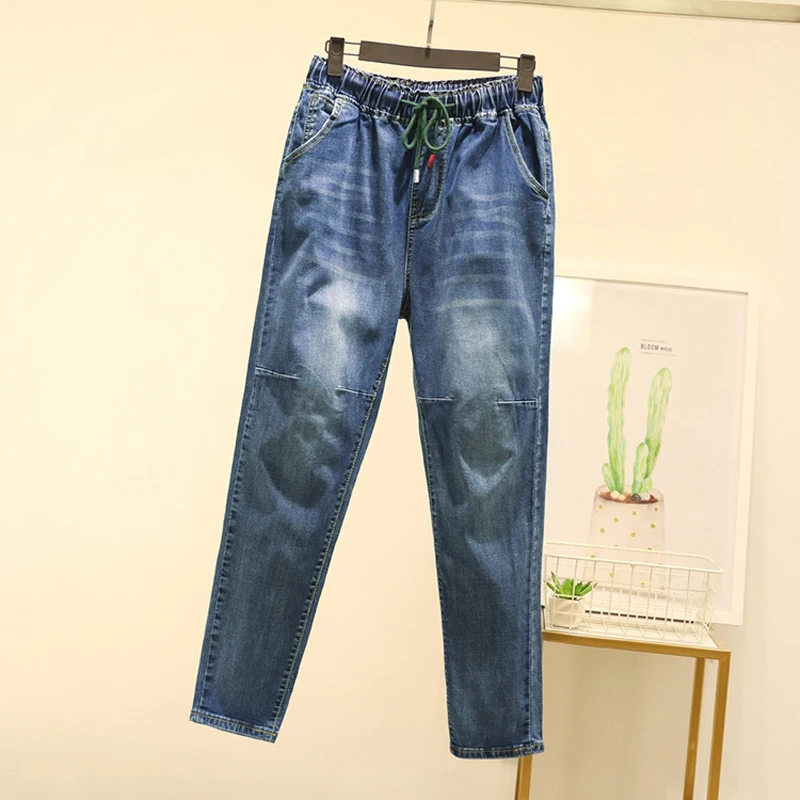 Plus Size XL-5XL Jeans Woman Loose Mom Elastic High Waist Push Up Front Patchwork Washed Denim Pockets Large | Женская одежда