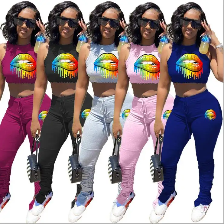 

Stacked Leggings Summer Two Piece Set Lip Print Crop Top Stacked Pants 2 Piece Outfit 2020 Fashion Women Stacked Sweatpants S267