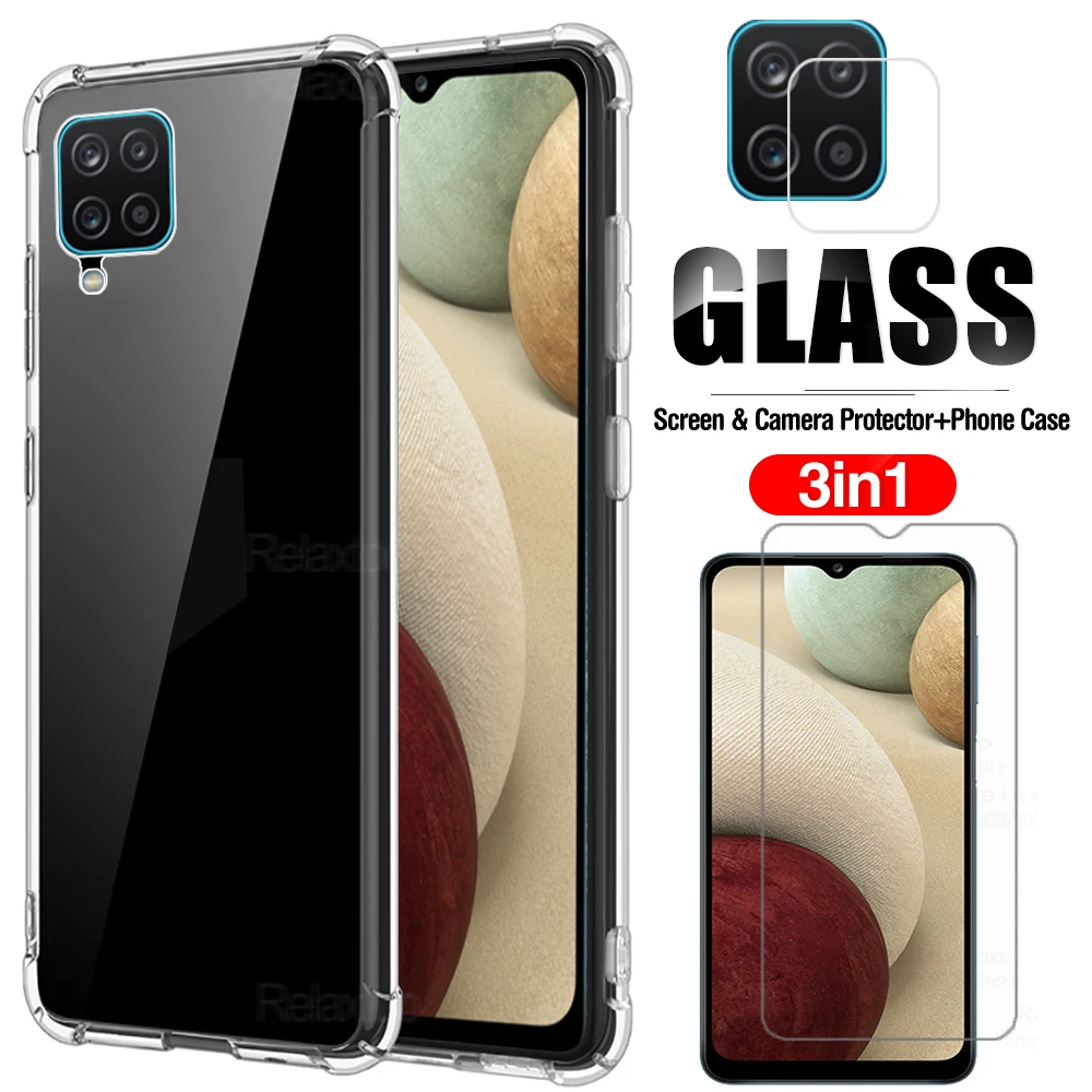Custodia Samsun A12 3-In-1Capa, Custodia In Vetro + Airbag Per Samsung Galaxy A12 Cover Antiurto Trasparente Samsunga12 A12 A 12 02 Galaxya12