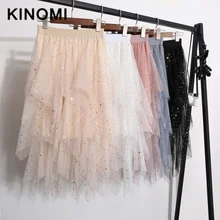 KINOMI/Новинка года; сезон весна-лето; фатиновые юбки трапециевидной формы со звездами и блестками; элегантные длинные плиссированные юбки с высокой талией в Корейском стиле
