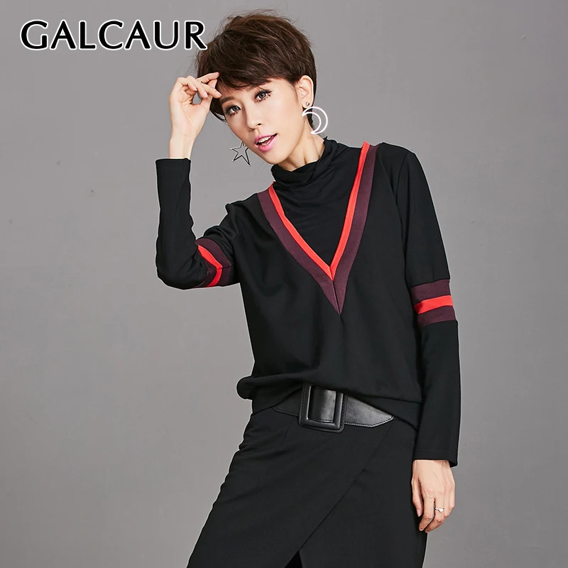 

GALCAUR Patchwork Hit Color Female T-shirt Turtleneck Long Sleeve Slim Shirts For Women Korean Autumn Plus Size Fashion New 2019